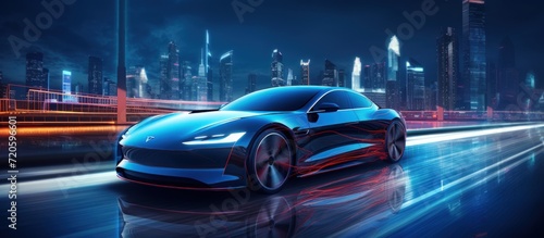 Futuristic modern high speed sport car driving in the city at night with neon light. AI generated