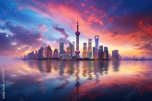 Shanghai skyline at sunset with reflection in Huangpu river, Shanghai skyline panorama with the Huangpu river, China, AI Generated
