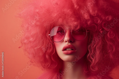Crimson Waves, Model Enveloped in Rich Red Curls, Fashion Avant-Garde