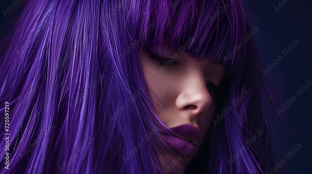 Dyed Purple Hair Female Model Close Up Photography Isolated On Dark Background. (Generative AI). Dyed Purple Hair Female Model Close Up Photography Isolated On Dark Background. (Generative AI).