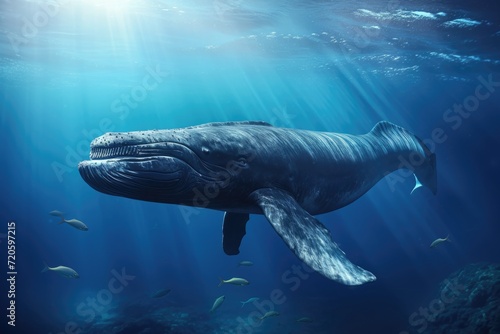 Humpback whale swimming underwater in deep blue ocean. Underwater photography  Humpback whale jumps out of the water with lots of water splashed  AI Generated