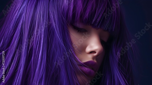 Dyed Purple Hair Female Model Close Up Photography Isolated On Dark Background. (Generative AI).
