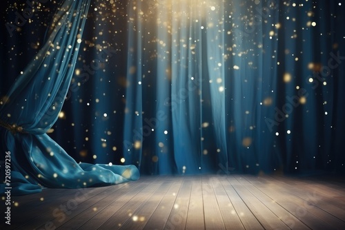 Curtain with blue curtains and falling snow. Christmas or New Year background, Spotlight on a blue curtain background and falling golden confetti, AI Generated