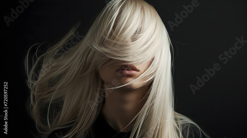 Dyed Platinum Blonde Hair Female Model Close Up Photography Isolated On Dark Background. (Generative AI).