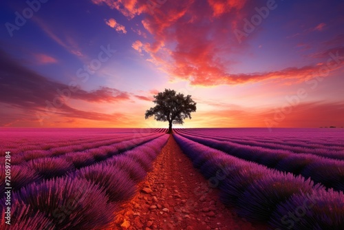Lavender field at sunset in Provence  France  Stunning lavender field landscape at summer sunset with a single tree  AI Generated