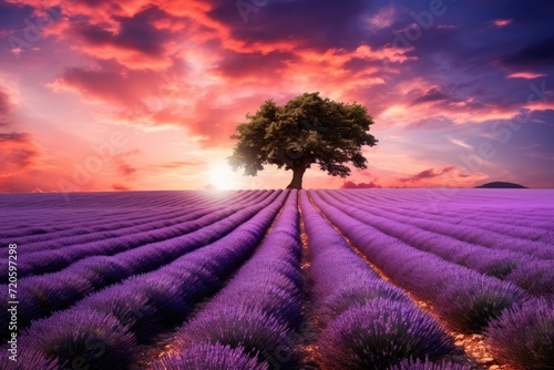 Lavender flower field with lonely tree at sunset, Provence, France, Stunning lavender field landscape at summer sunset with a single tree, AI Generated