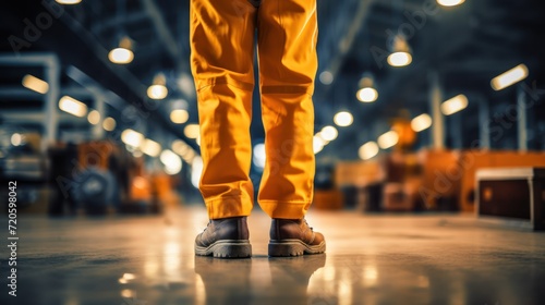 Close-up photos of Factory workers wearing safety shoes and working uniforms standing in the factory, ready for work in a dangerous workplace, Safety equipment concept. photo