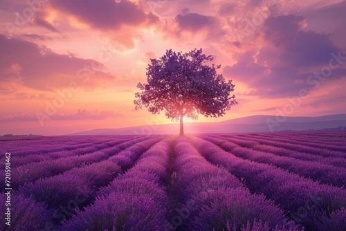 Stunning lavender field landscape Summer sunset with single tree #720598462