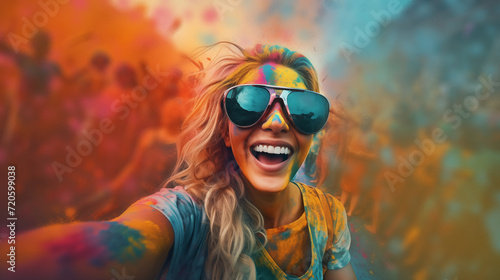 Cheerful woman at the festival of colors Holi