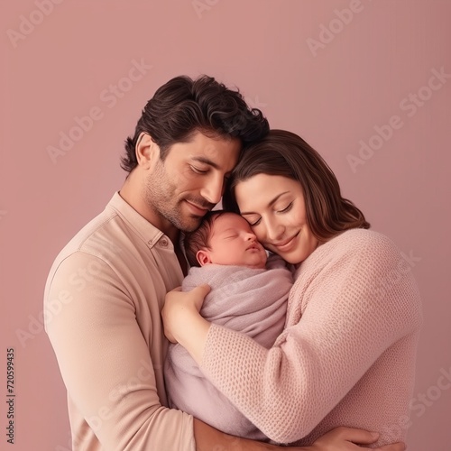 Happy family, mother and father tenderly holding their newborn baby, dressed in soft pink clothes, against a single pink background. Concept: parenting, family values ​​and infant care. Banner with co
