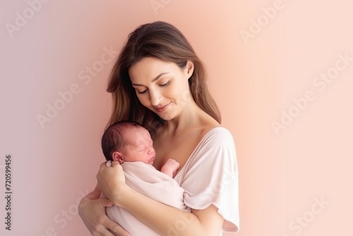 Smiling woman holding newborn baby wrapped in diaper on pink background. Concept: products for babies, parenting seminars and materials about family life, banner, copy space 