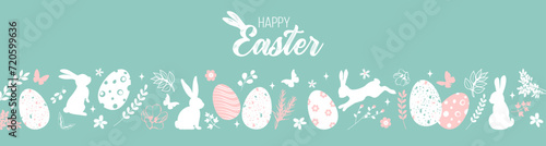 Happy Easter background with bunnies, eggs, flowers and greenery. Cute hand drawn vector illustration, easter doodle background for horizontal poster, greeting card, website header, home decor.