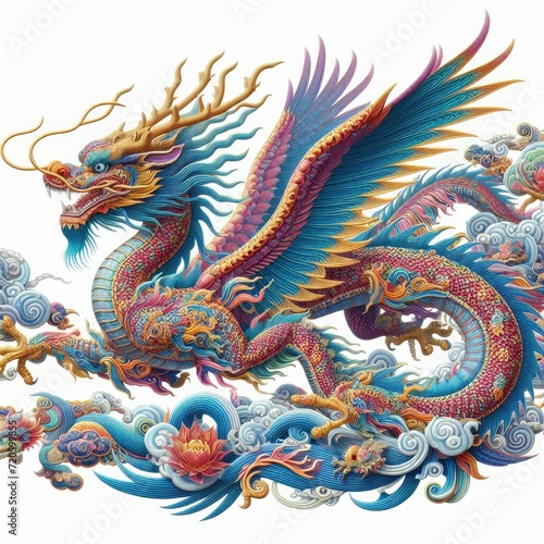 Majestic Chinese Flying Dragon Soars in Celebration: A Vibrant Tribute to Chinese New Year and the Timeless Dance with the Ancient Lunar Cycle © bellart
