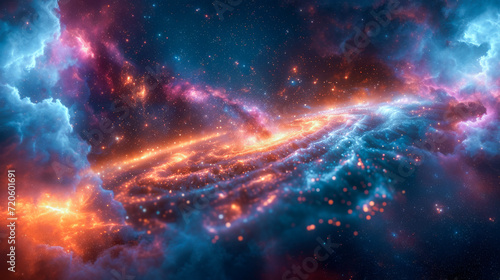 Interstellar space landscape in the smoky cosmos, where a primordial hellscape unfolds in the radiant colors of the Milky Way. Generative AI. as background wallpaper