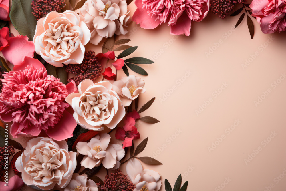 Border frame of pink peony on pale background. Top view. Frame of flowers. Floral background Border frame of pink peony on pale background. Top view. Frame of flowers. Floral background