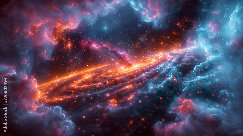 Fototapeta premium Fascinating planetary landscape in the smoky cosmos, in which a primal hellscape unfolds in the radiant colors of the Milky Way. Generative AI.