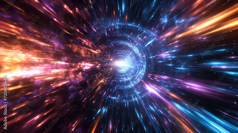Interstellar journey through a nebulous space, crisscrossed by neon light trails, gives a feeling of hypersonic speed on an intergalactic road. Generative AI. Interstellar journey through a nebulous space, crisscrossed by neon light trails, gives a feeling of hypersonic speed on an intergalactic road. Generative AI.