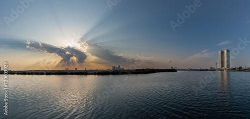Panorama Sunset in Ral al Khaimah at Manar Mall in the UAE in the Middle East. © KingmaPhotos