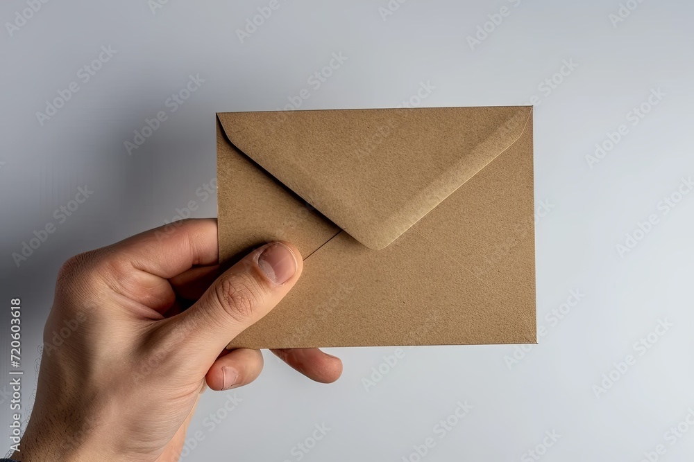 Product still, a men hand holding kraft envelope, front side, white background, natural light, soft oblique angle.