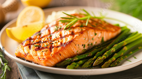 A plate of grilled salmon with a crispy skin served with a side of steamed asparagus and a lemon wedge.