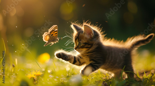 A playful kitten chasing a butterfly in a sunlit meadow capturing a moment of innocence and joy.