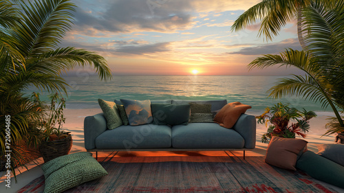 Sunset Serenity: A luxurious sofa and lounge chair adorn a contemporary living room by the beach, creating a comfortable and stylish atmosphere with modern furniture, warm lighting, and elegant design © Pailin