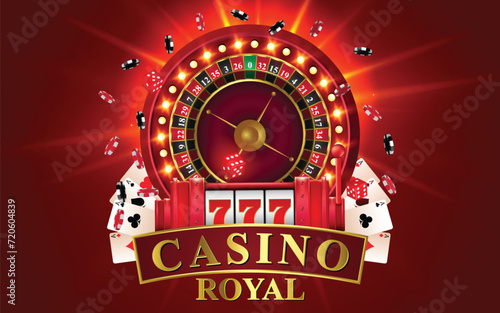 Casino royal online advertisement template vector design with casino roulette wheel, poker card, casino chips and casino slot machine