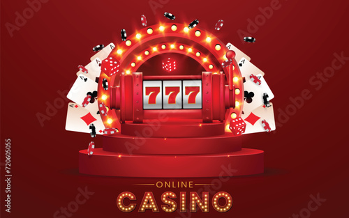 Online casino advertisement vector template design with playing poker card, casino red slot machine on red podium