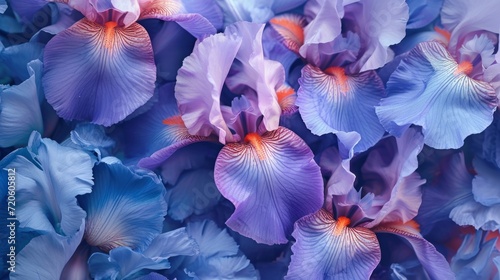 Bouquet of iris flowers, forming a sophisticated and regal floral background generative ai photo