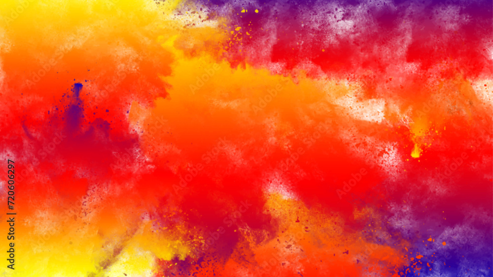 Colorful bright watercolor background. Red yellow orange and blue sky clouds. Multicolor gradient background. Abstract painting with vibrant colors.