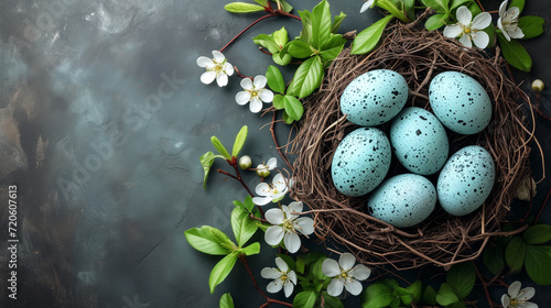 Easter card background, Easter card, nest with Easter eggs on a dark background, generated AI photo