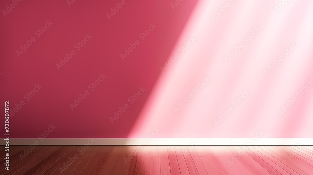 Obraz premium Empty Modern Interior mockup. Sunlight creates striped pattern on pink wall with wooden floor