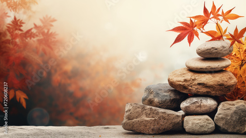 The natural stone tower under the autumn leafs with empty space for banner template