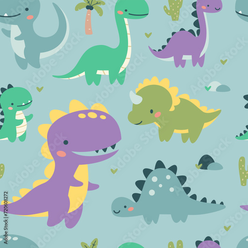 Seamless vector pattern. Cute dinosaurs in bright colors. Illustrations in a simple children s style. Blue background . Vector illustration