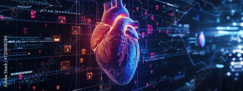 Rendering 3D transparent heart cardiology with infographic virtual diagnosis. AI generated
