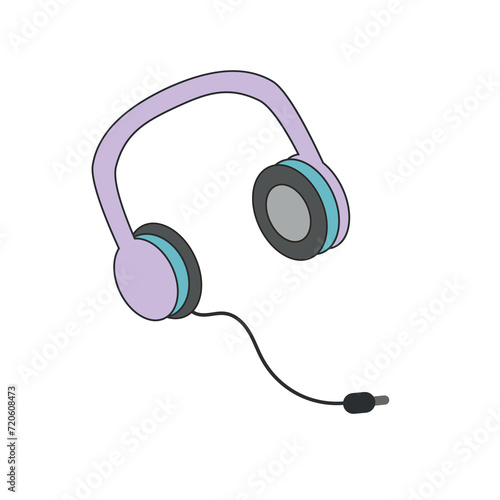 Classic 80s 90s headphones in modern style flat, line style.  Fashion patch, badge, emblem. Vector