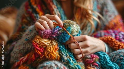 Woman knits a sweater from multi-colored threads photo