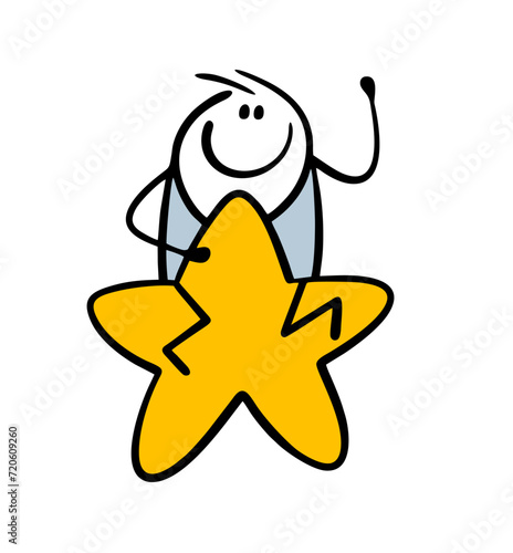 Doodle lucky stickman caught luck and success. Vector illustration of hand drawn caricature man sitting astride a star. Space and signs. Isolated person character on white background.
