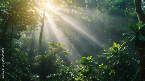A serene forest in early morning light with sunbeams piercing through dense foliage.