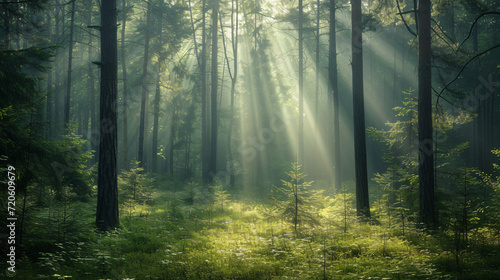 A serene forest in the early morning with sunlight filtering through dense trees creating a mystical ambiance.