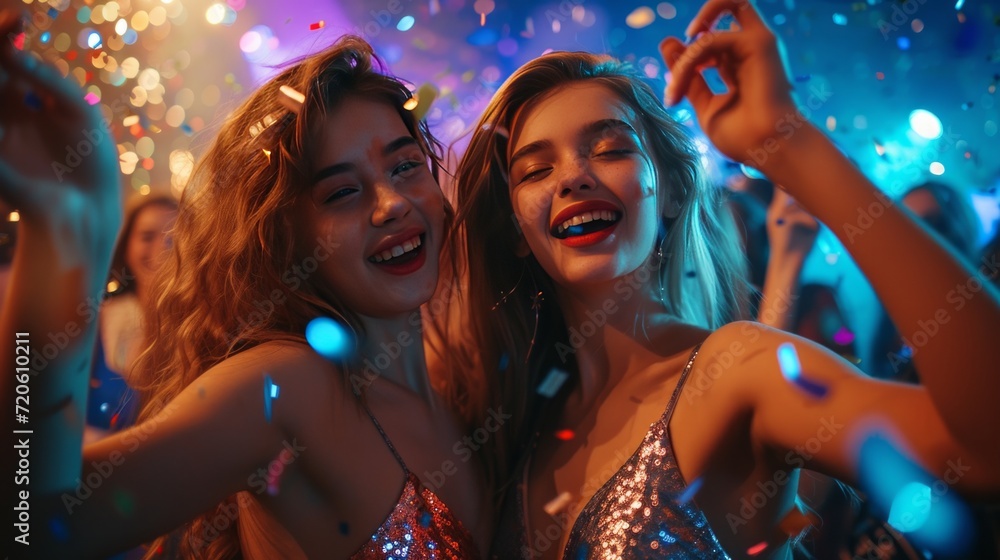 Two young beautiful girls in shiny dresses dance at a party Two young beautiful girls in shiny dresses dance at a party