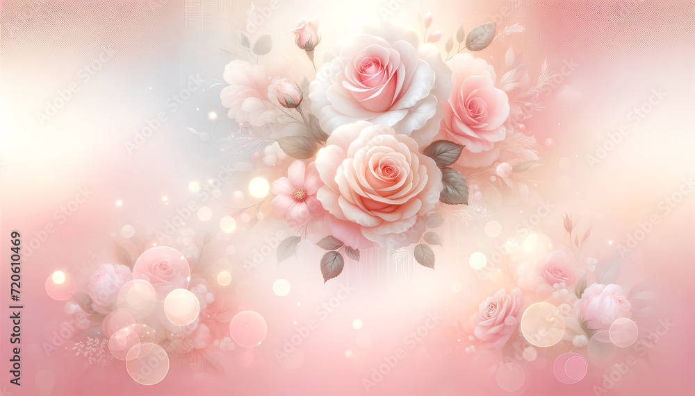 Soft Pink Roses with Dreamy Bokeh Lights Background. Delicate pink roses bloom softly amidst a dreamy backdrop of glistening bokeh lights, evoking a sense of romance and serenity.