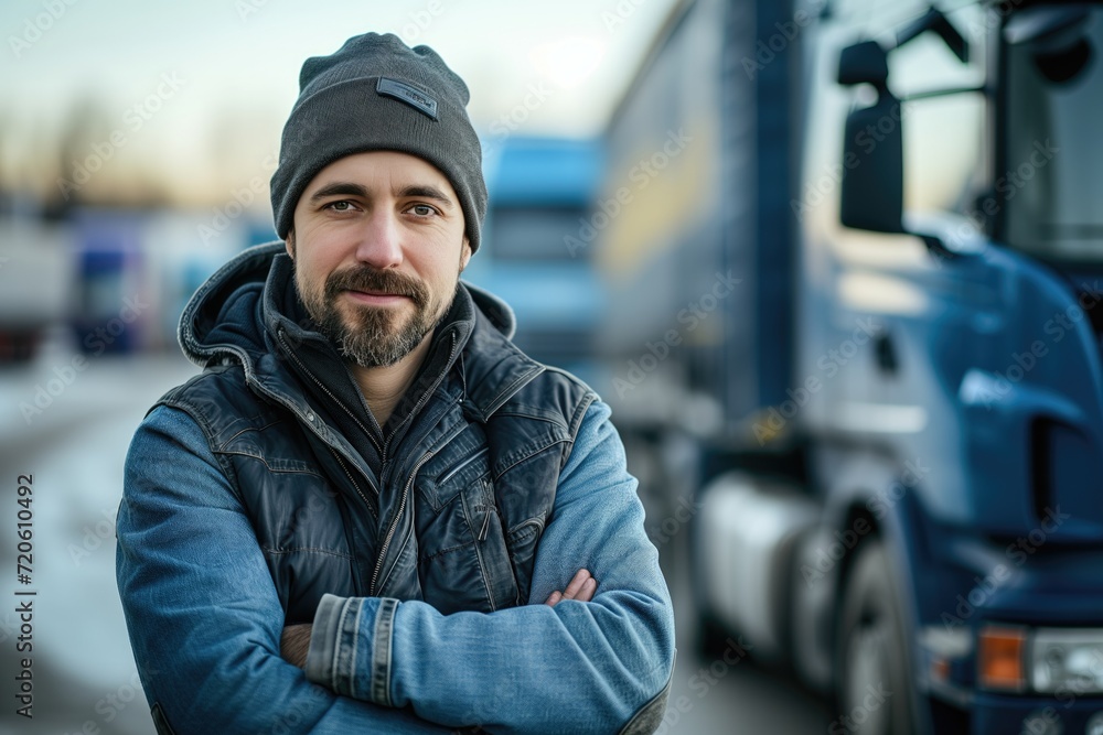portrait professional driver looking at camera. on the background of a truck, bokeh portrait professional driver looking at camera. on the background of a truck, bokeh