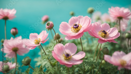 Gently pink flowers of anemones outdoors in summer spring close-up on turquoise background with soft selective focus. 