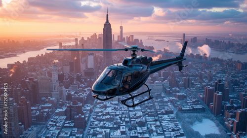 The helicopter is prized for the helicopter's purpose at high altitude in city photo