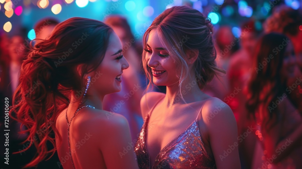 Two young beautiful girls in shiny dresses dance at a party Two young beautiful girls in shiny dresses dance at a party