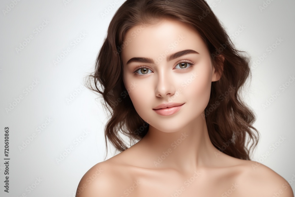 Portrait of a beautiful young woman with clean fresh skin. Model with healthy skin, close-up portrait. on isolated white background, Cosmetology, beauty and spa Portrait of a beautiful young woman with clean fresh skin. Model with healthy skin, close-up portrait. on isolated white background, Cosmetology, beauty and spa