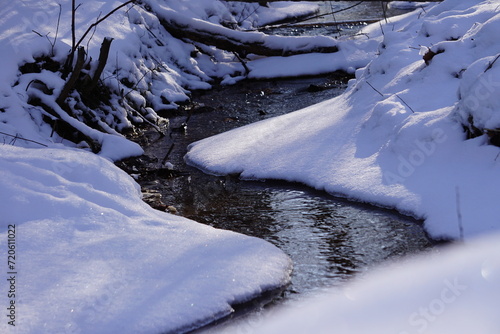 Leśny strumyk. Woda płynie krętym strumieniem w otoczeniu śniegu. Panorama na leśny strumień i zaśnieżone kłody drewna.