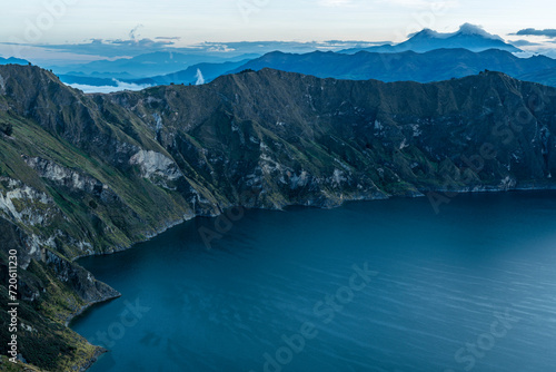 Quilotoa lagoon before sunrise with Ilinizas volcanoes, Cotopaxi province, Ecuador.