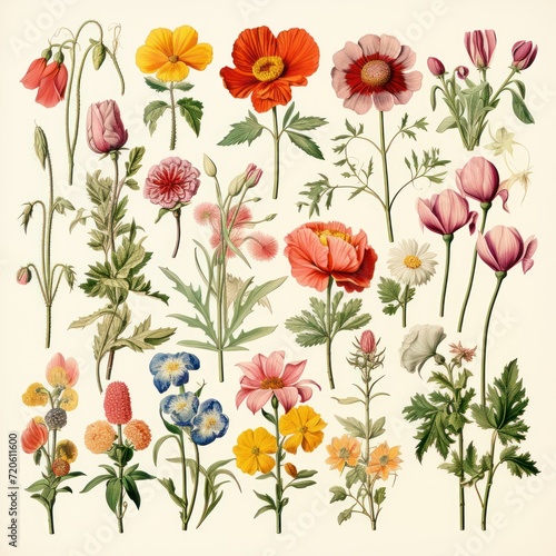 Botany. Set. Vintage flowers. Herbs and Wild Flowers. Colorful illustration in the style of engravings.